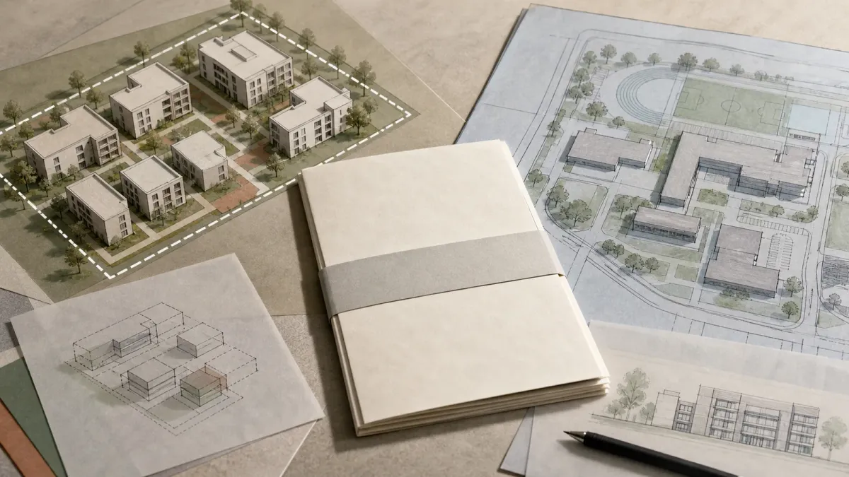 Editorial illustration of a school-district parcel plan linking apartment blocks, a lease packet and a campus blueprint.