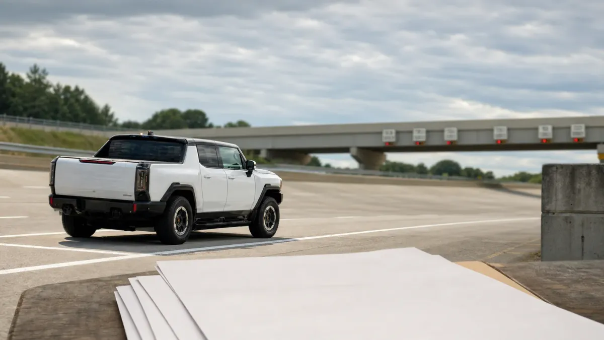 A General Motors vehicle on a Milford Proving Ground-style test lane with blank import paperwork in the foreground, suggesting tariff pressure on auto supply chains.