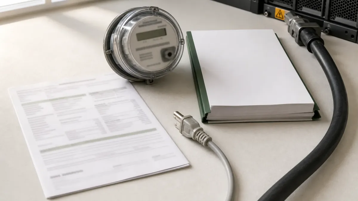 A utility bill, electric meter, blank tariff papers, and power cables arranged on a kitchen table.