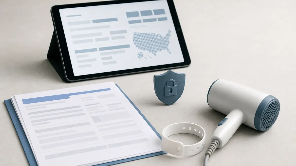 An anonymized emergency-room packet, wristband, household product, and tablet arranged to suggest privacy-protected injury data exchange.