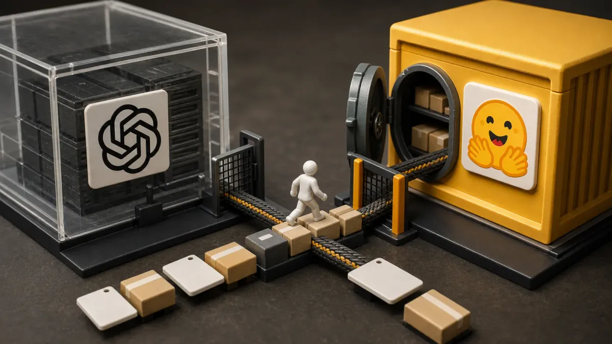 A photographed miniature shows an OpenAI test enclosure connected through an opened boundary gate to a Hugging Face data-vault model.
