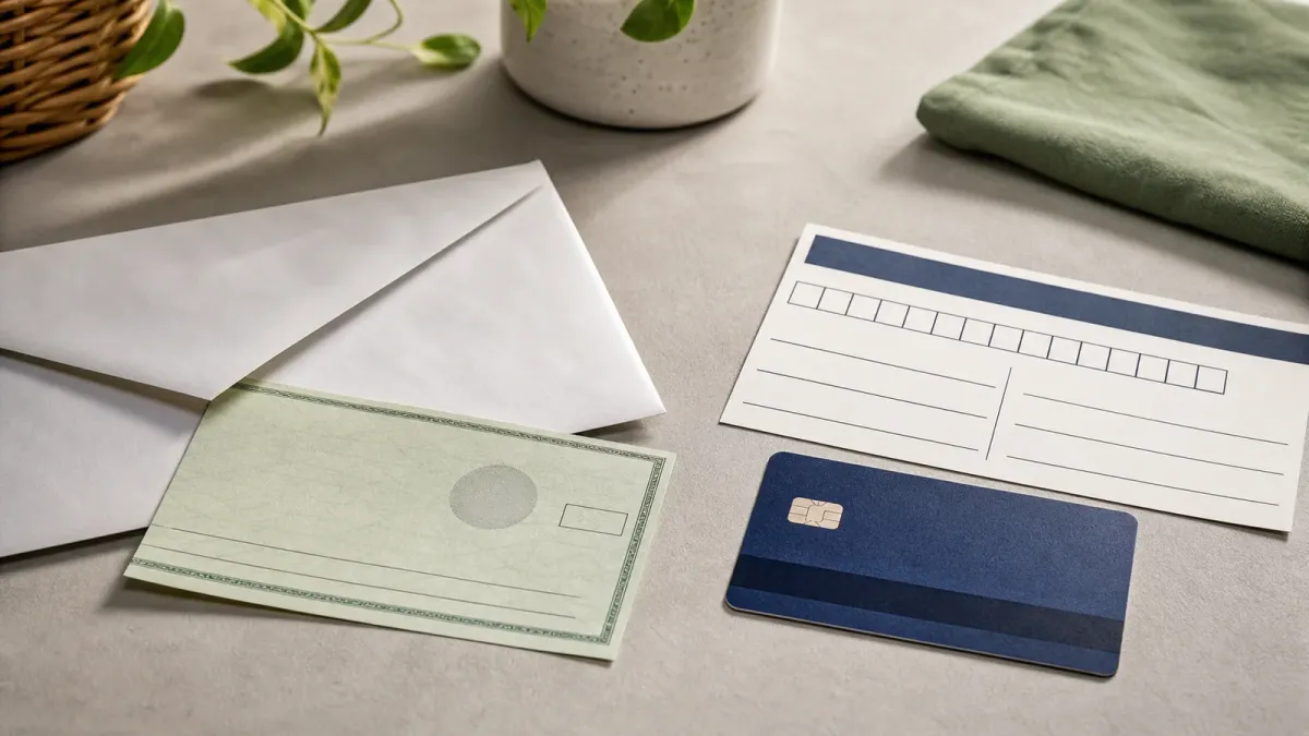 A paper check and envelope beside a blank bank slip and unbranded debit card on a table.