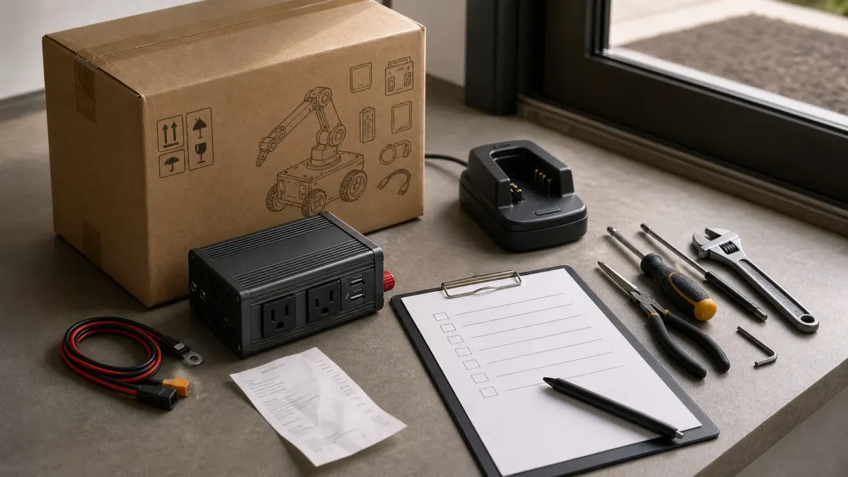 A boxed generic robot kit, power inverter and blank checklist arranged as a connected-hardware buying check.