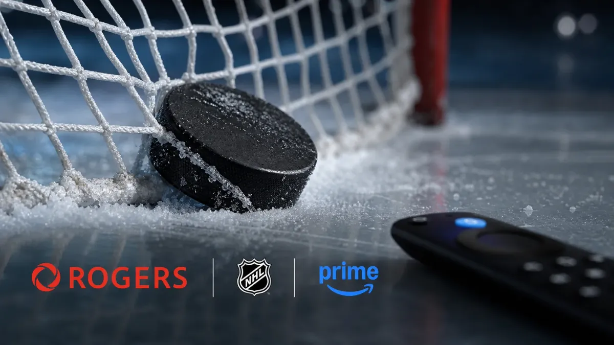 A hockey puck in netting beside Rogers, NHL, and Prime Video branding, suggesting the Wednesday NHL streaming rights shift.