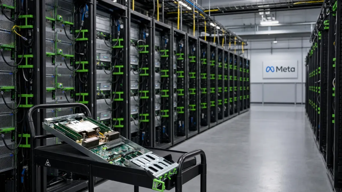Meta server hardware and densely packed racks inside a source-grounded data-center scene