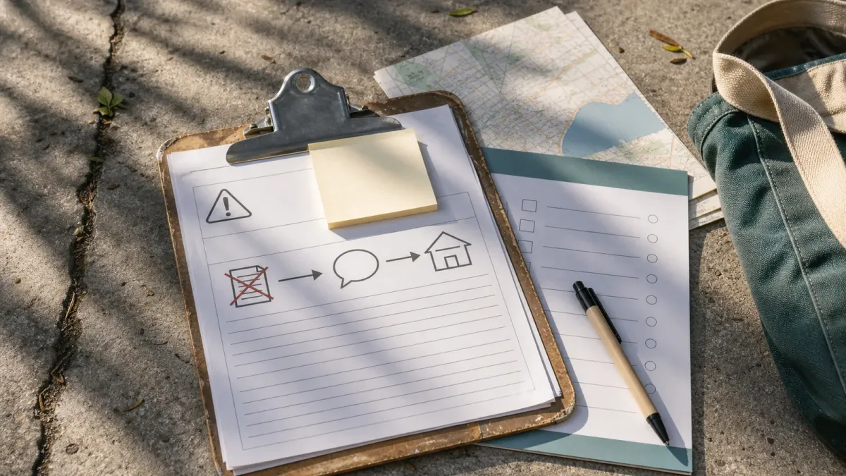 A blank warning form and outreach clipboard on a concrete sidewalk, arranged to suggest Miami's changed encampment enforcement process.
