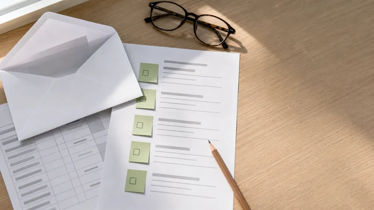 A plain envelope, tax worksheet, checklist notes, pencil, and reading glasses arranged on a household desk.