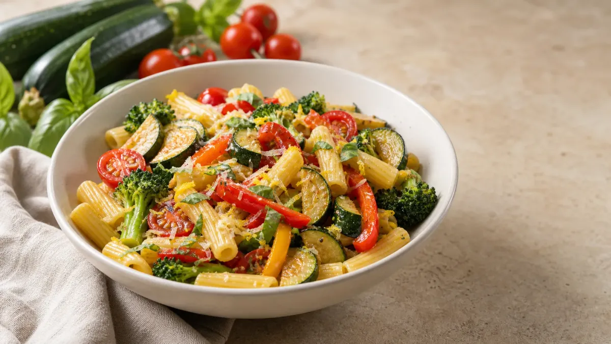 A bowl of glossy short pasta with zucchini, bell pepper, broccoli, cherry tomatoes, basil and Parmesan