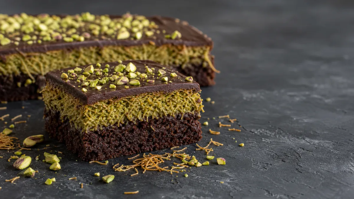 A cut Dubai chocolate brownie showing thin ganache, crisp pistachio-kataifi filling, and a fudgy chocolate base.