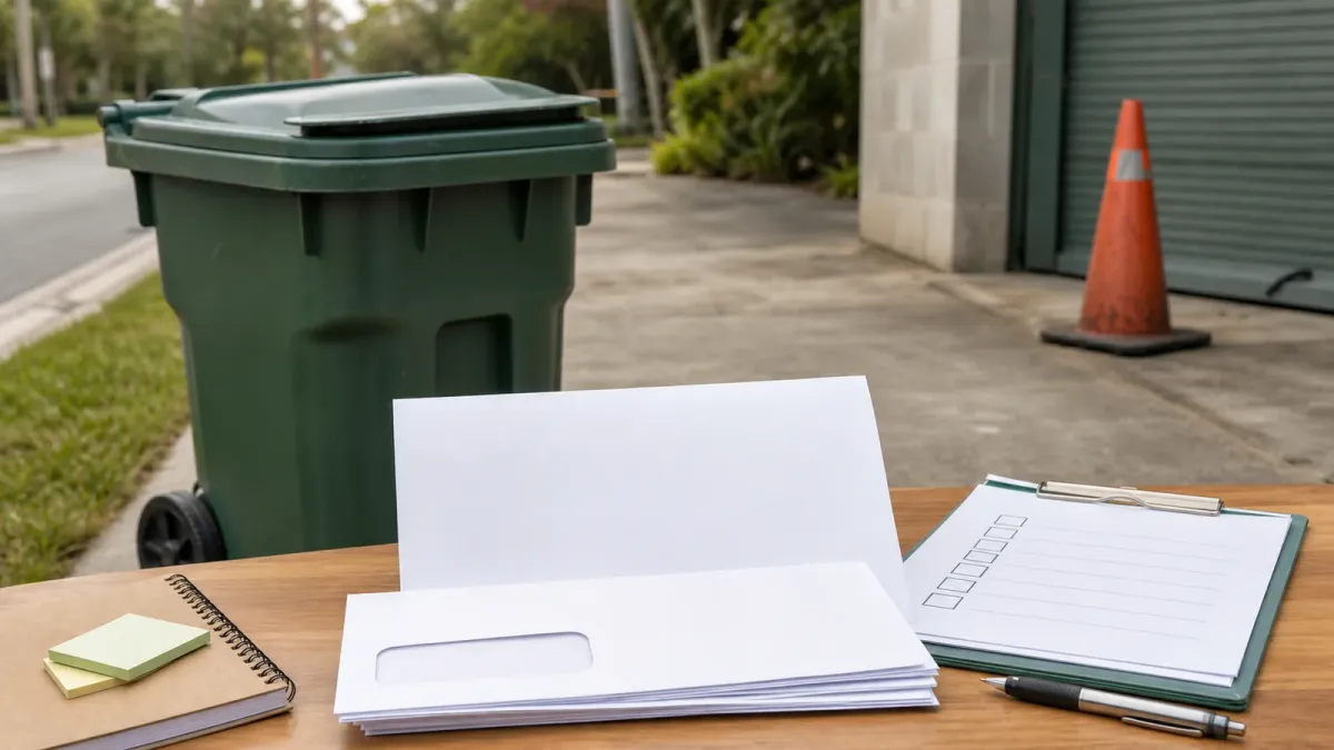 A residential trash cart beside a property tax notice and service checklist, showing the tradeoff between a flat Miami-Dade waste fee and reduced response programs.