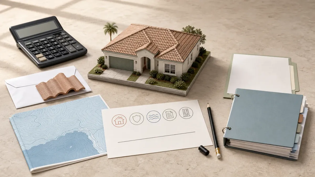 A model Florida-style house surrounded by mortgage, insurance, flood, tax and condo-reserve materials on a decision table
