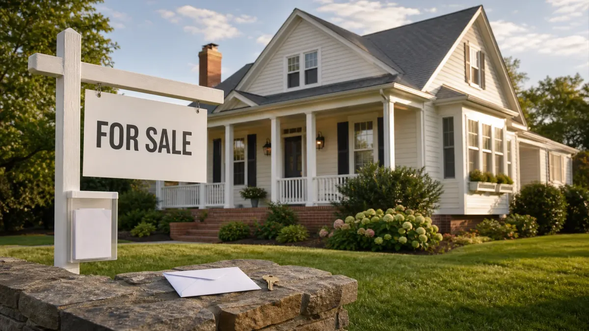 A realistic detached home with an unbranded For Sale sign in the front yard