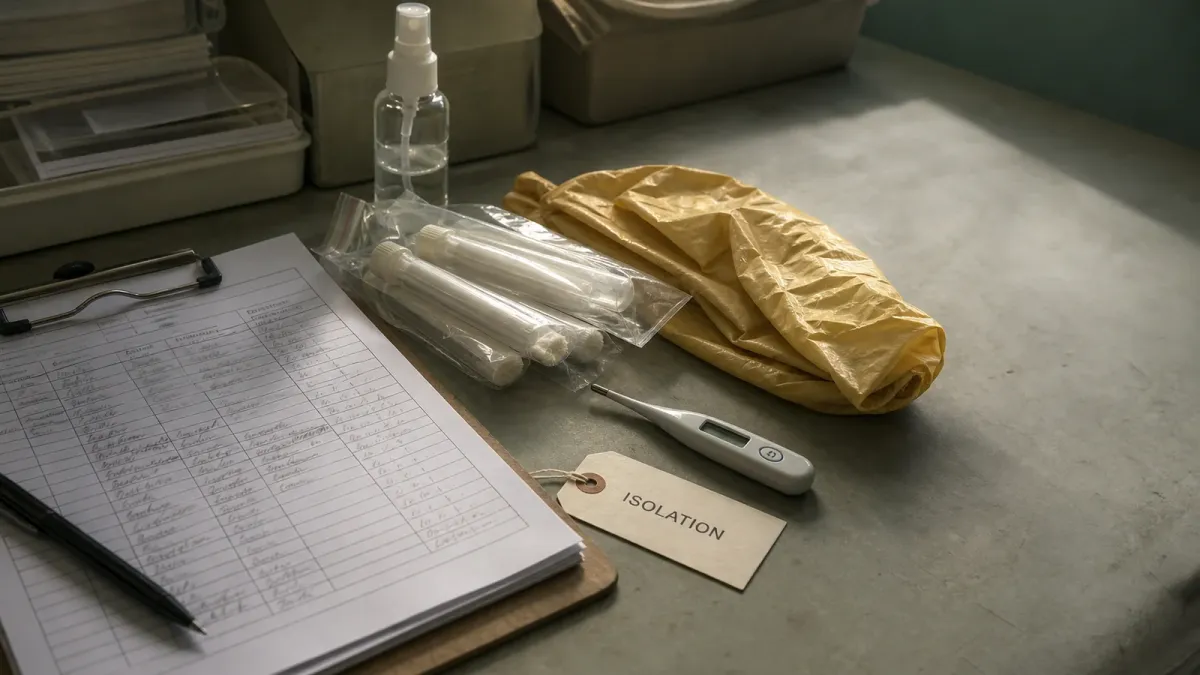 Field health response supplies arranged beside an unreadable contact-tracing clipboard and sealed sample tubes