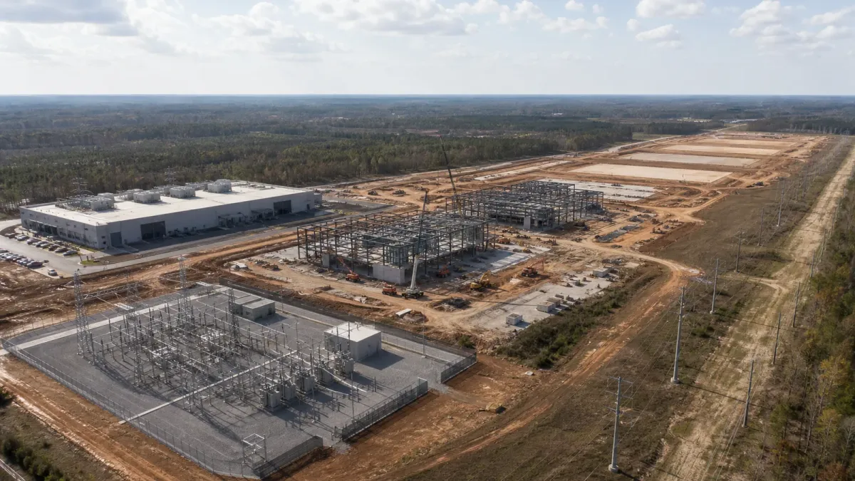 Generic data center campus with completed buildings, steel frames, graded pads and an electrical substation at several stages of construction
