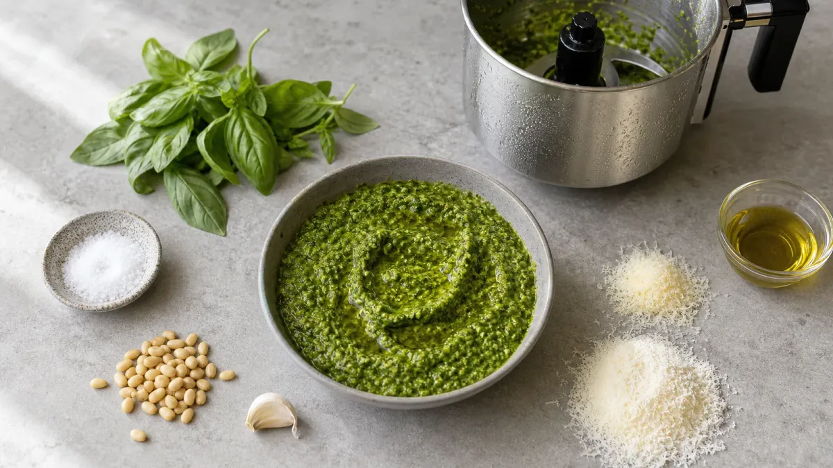 Bright-green basil pesto beside a chilled metal processor bowl and the seven recipe ingredients