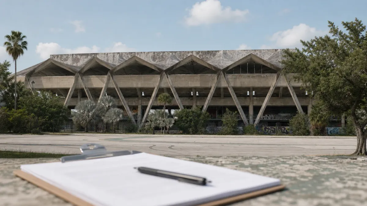 Miami Marine Stadium seen behind a blank ballot packet and pen, suggesting the city referendum over the venue's future.