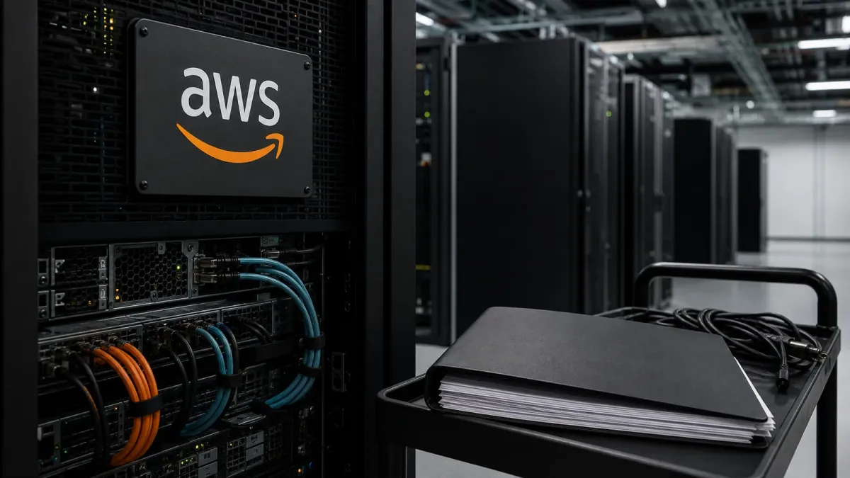 An AWS-branded data-center rack stands beside a capital-spending folder and neatly routed server cables.