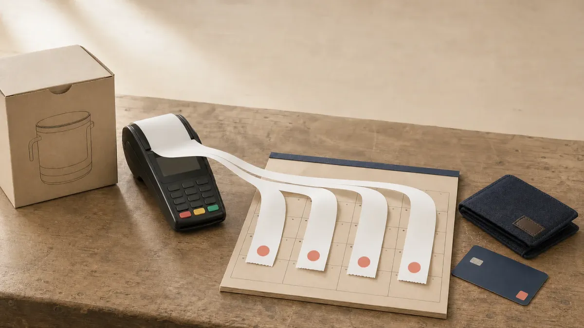 An unbranded checkout receipt divides into four payment slips leading across a calendar toward a debit card and wallet.