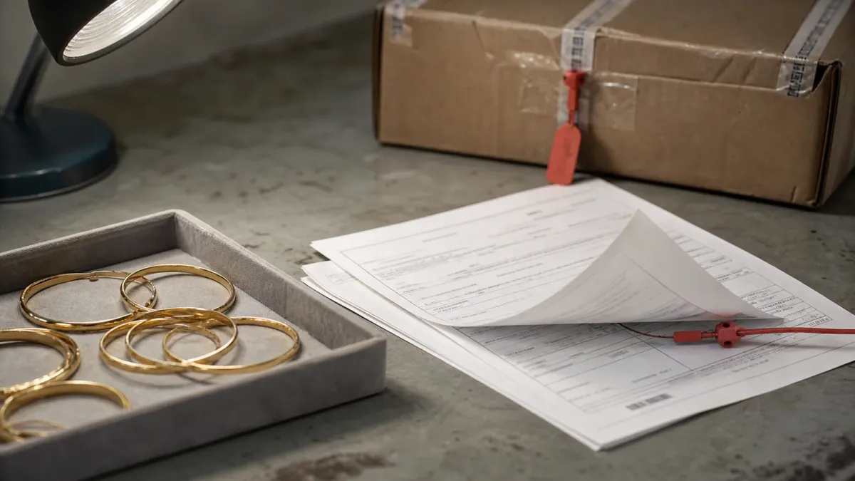 Gold bracelets beside layered shipping documents and cargo seals on a customs inspection table.