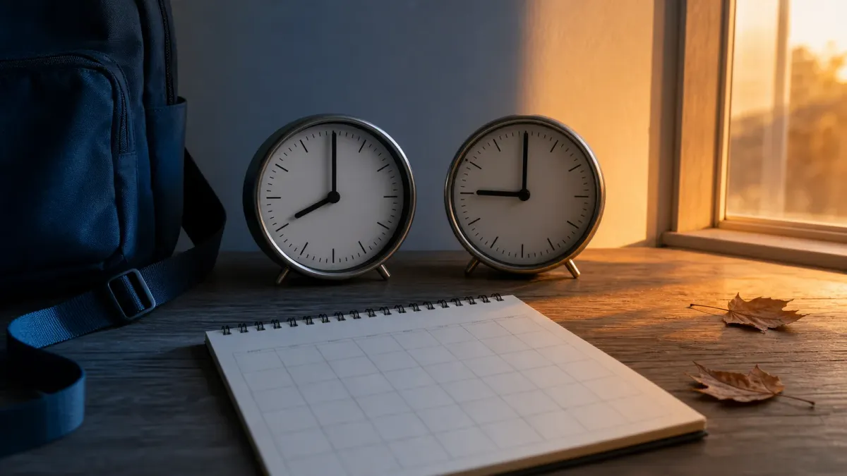 Two analog clocks beside a blank November calendar and a backpack strap split between cool morning shadow and warm evening light