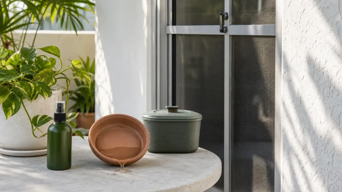 A patio table set with mosquito repellent, a tipped plant saucer, and a screened doorway in a Miami apartment courtyard.