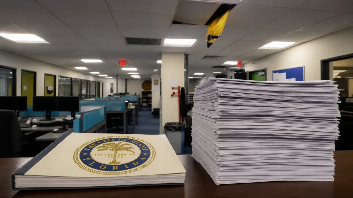 City of Miami financing papers sit inside a source-grounded police workspace beneath a damaged ceiling, with a larger stack suggesting the bond’s added repayment costs.