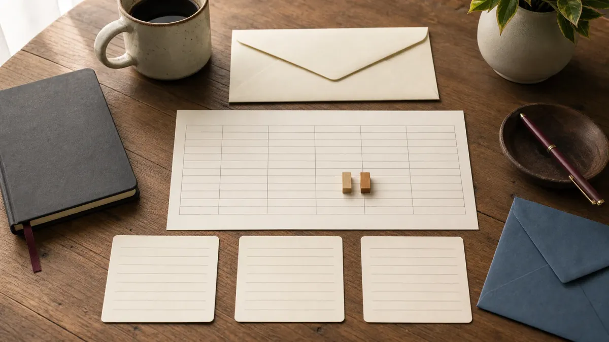 A benefit-planning envelope, budget sheet and three blank monthly input cards arranged on a wooden table
