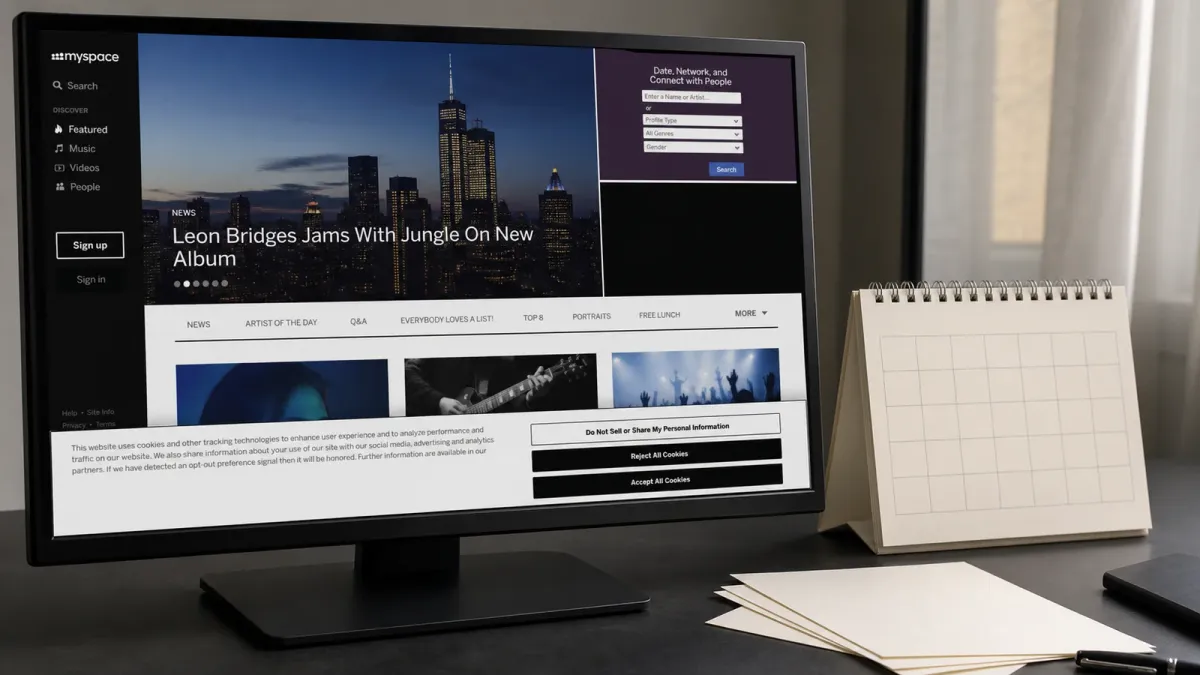 The current Myspace music and culture homepage displayed on a desktop monitor beside an undated blank calendar