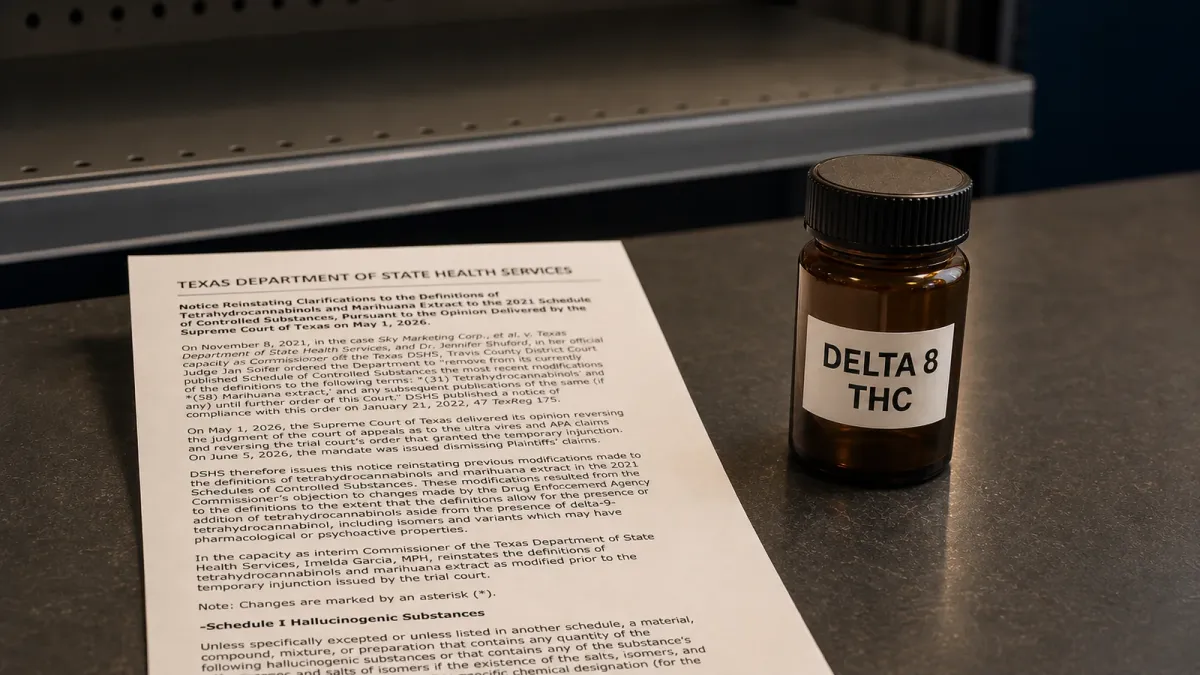 Texas Department of State Health Services controlled-substance notice beside a delta-8 THC package on a retail counter