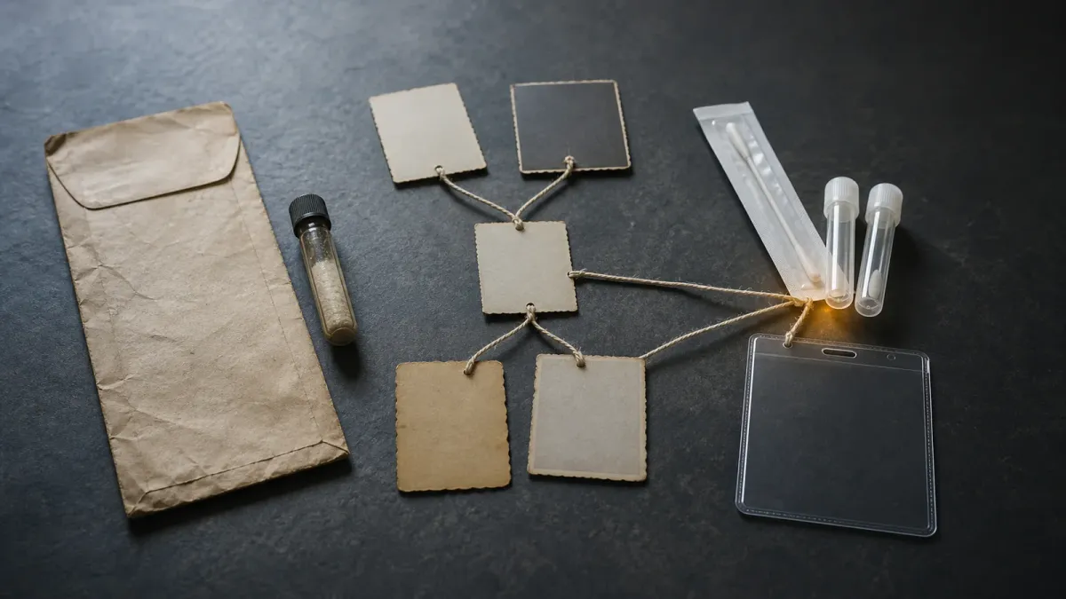 Archived evidence, family-photo backs and two DNA sample tubes arranged to show a cold-case identification process