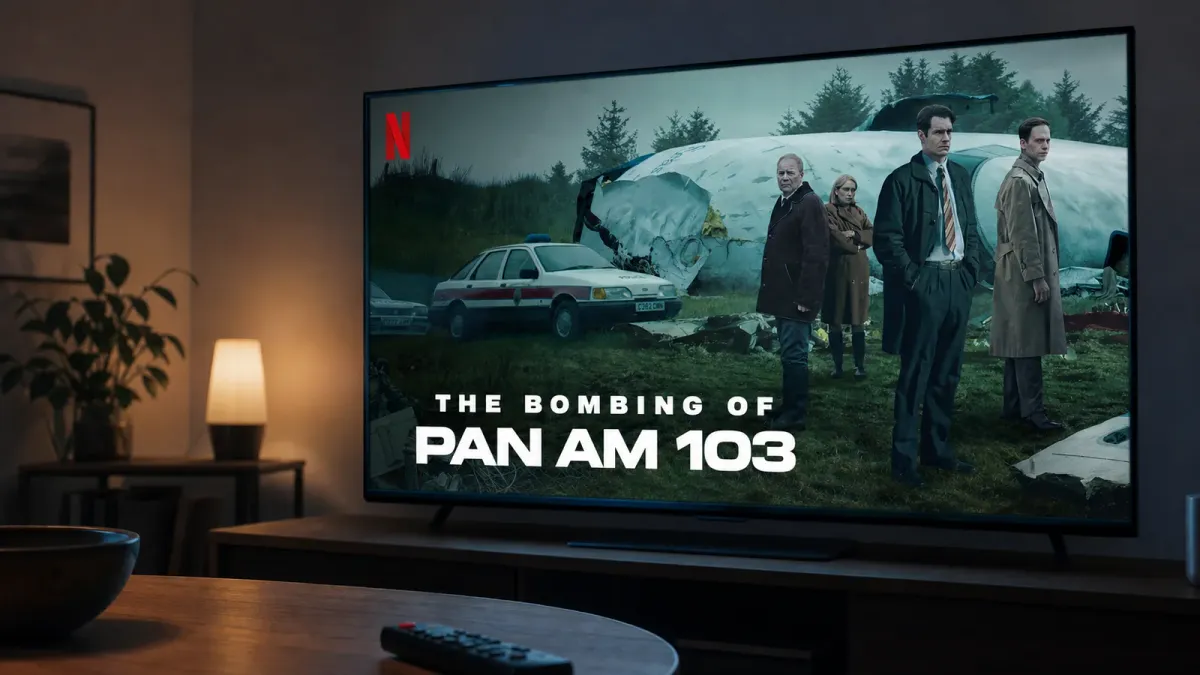 A television displays official imagery and the title of Netflix’s The Bombing of Pan Am 103 in a dim contemporary living room.