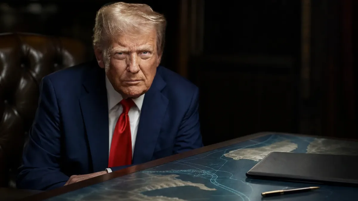 Donald Trump in a source-grounded editorial portrait beside a closed briefing folder and a muted shipping-route chart.