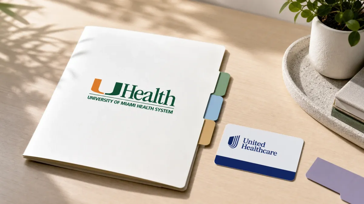 A UHealth care folder and UnitedHealthcare benefit card arranged with separate plan tabs to show that network access depends on the plan.