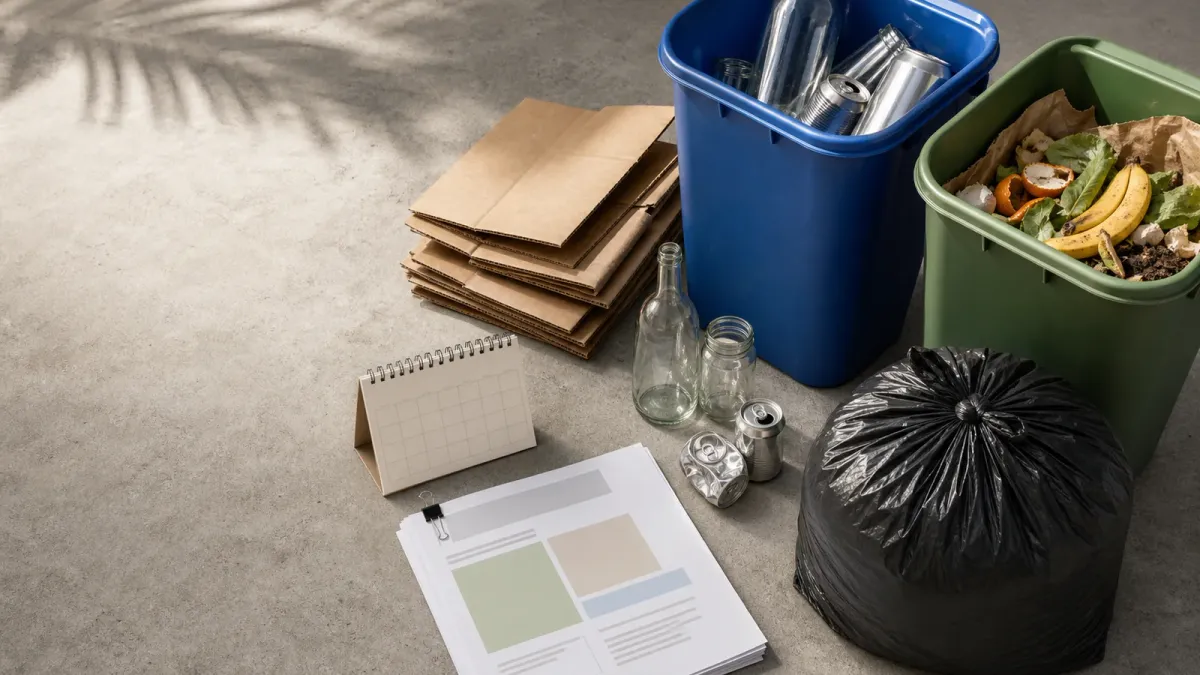 Sorted recycling, trash and blank planning papers arranged on concrete to show a local waste-capacity decision.