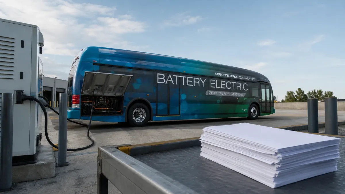 A Miami-Dade Proterra electric bus staged beside charging equipment and generic review papers