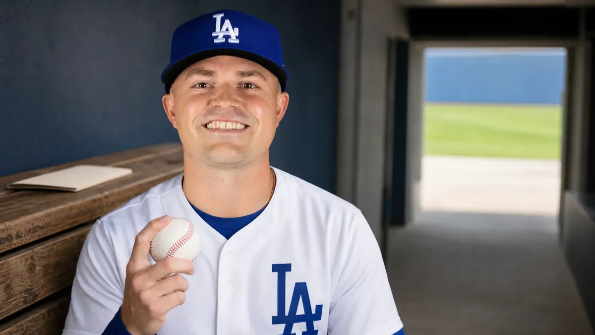 Tarik Skubal in a Dodgers cap holds a baseball beside a clubhouse bench with a closed blank contract folder.