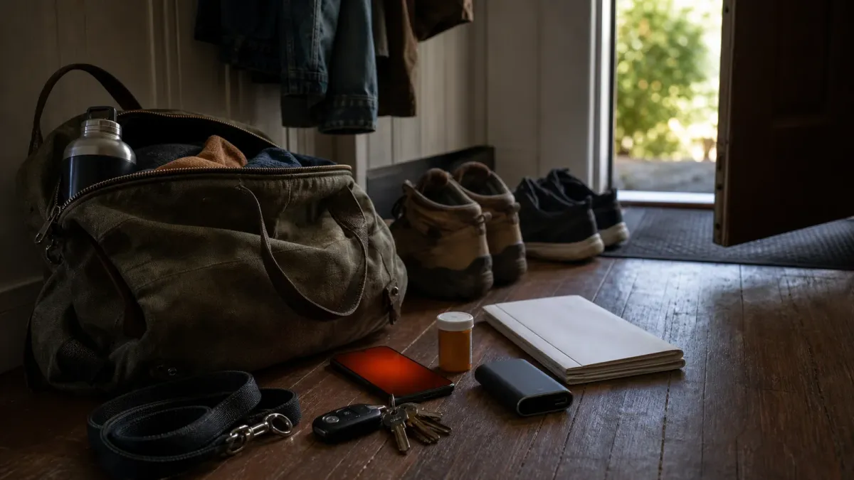 A go bag, car keys, pet leash, medication, documents, and a phone alert staged near a front door for an evacuation.