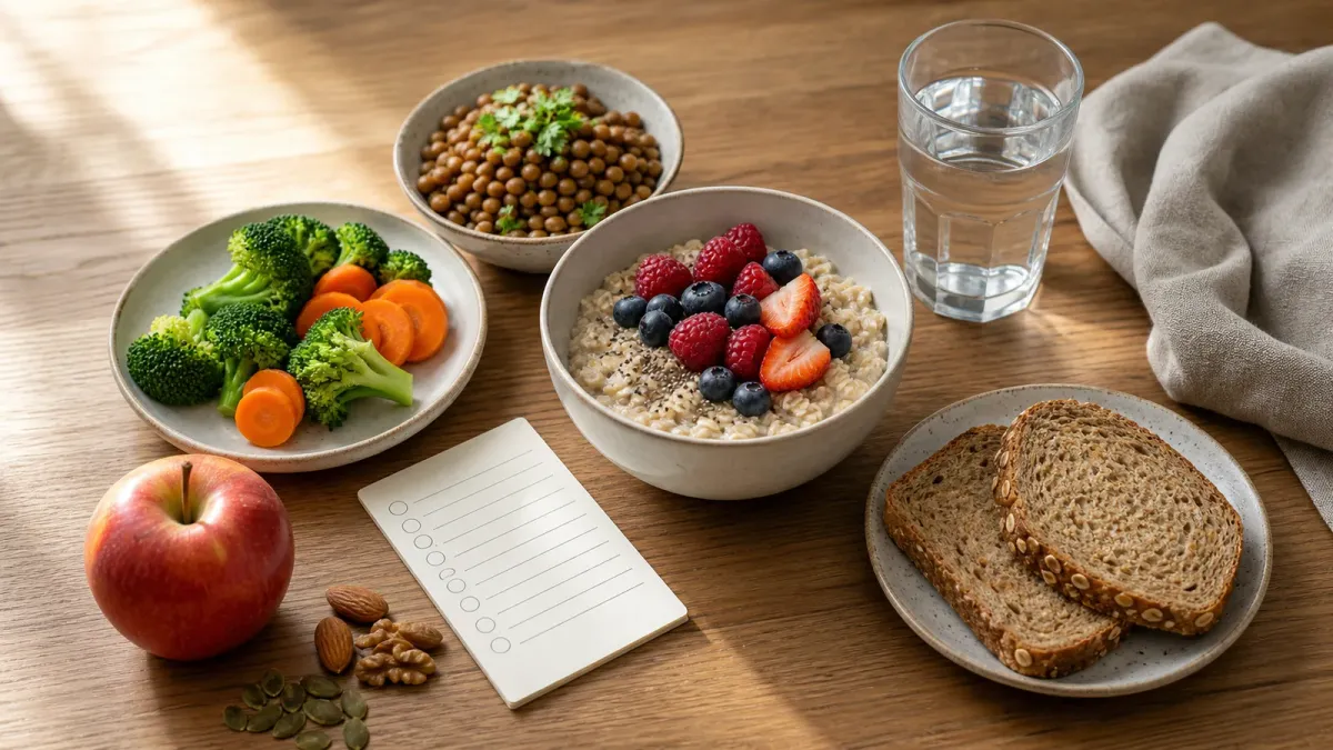 A measured tabletop setup of high-fiber foods, water, and a blank checklist arranged as a gradual eating plan.