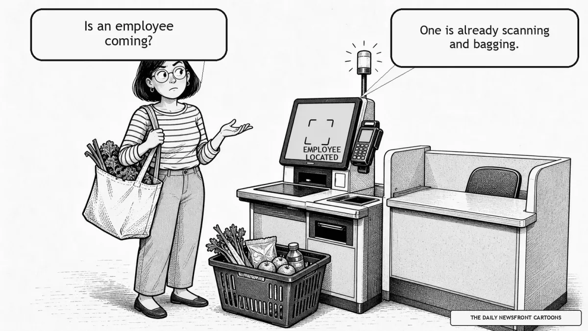 Black-and-white cartoon of a shopper at a frozen self-checkout. The kiosk labels her EMPLOYEE LOCATED after she asks whether an employee is coming, then says one is already scanning and bagging.