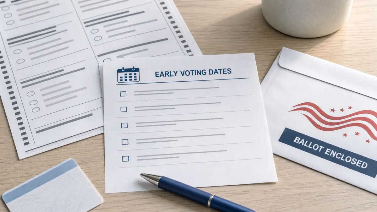 A voter checklist, ballot envelope and pen arranged on a table for Miami-Dade early voting planning