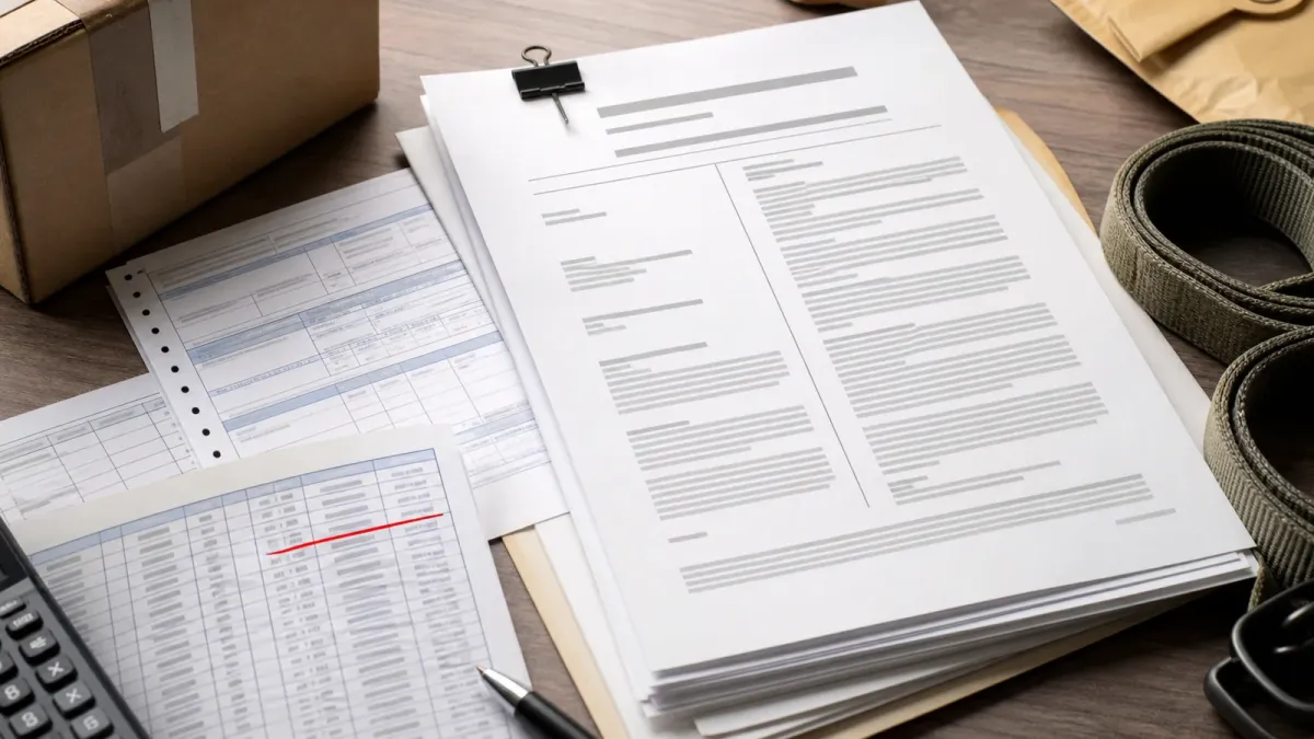A legal complaint packet, import paperwork and shipping materials arranged on a desk to represent a tariff lawsuit.