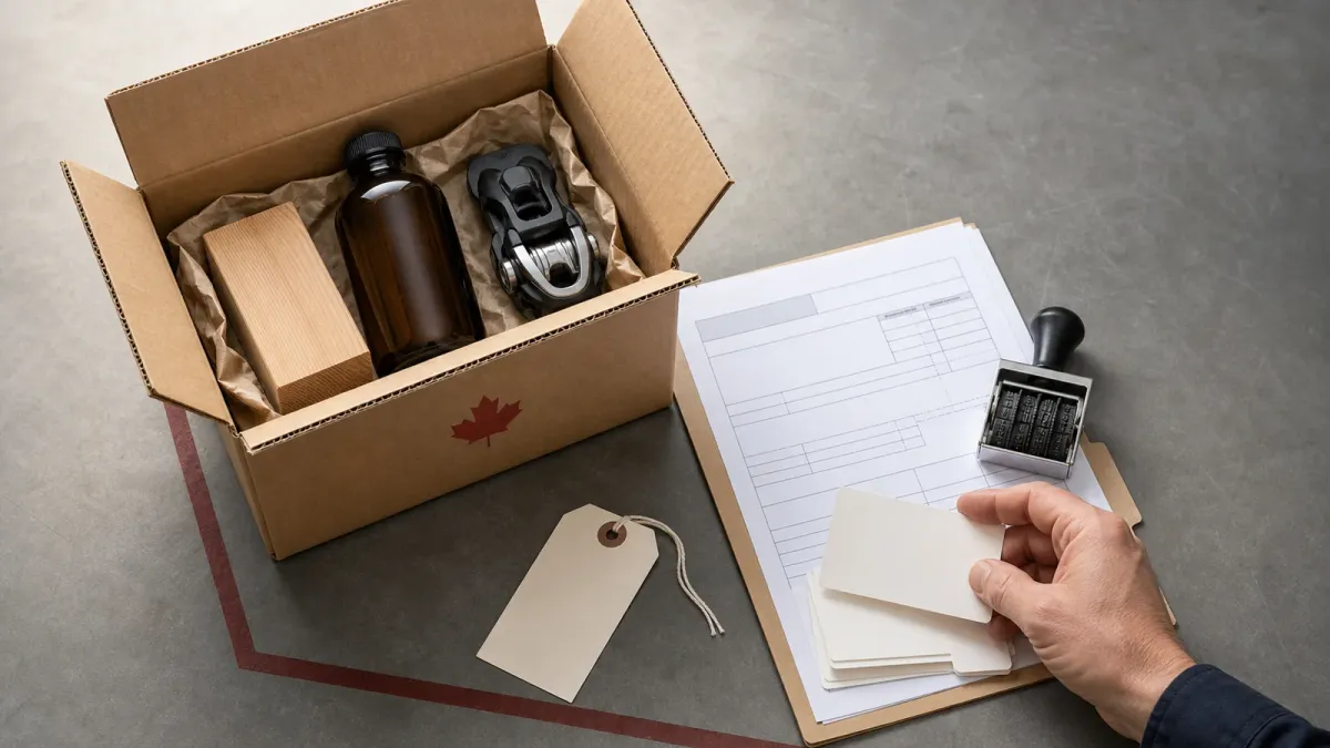 Customs paperwork, a Canadian-origin carton, and assorted goods arranged for a tariff classification review