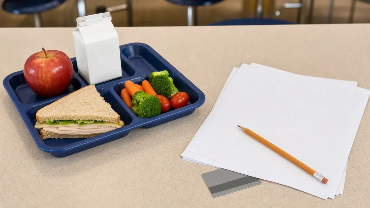 A school lunch tray beside blank meal application papers and a pencil.