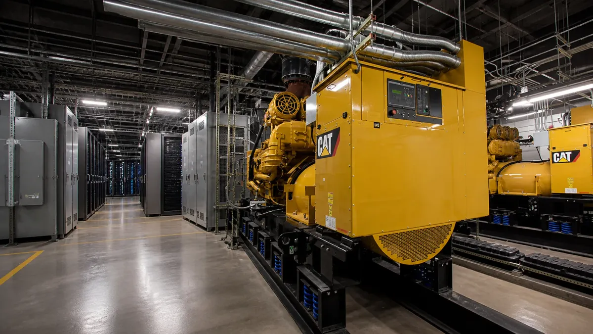 A Cat-branded yellow generator in a data-center power room with conduits and industrial equipment around it.