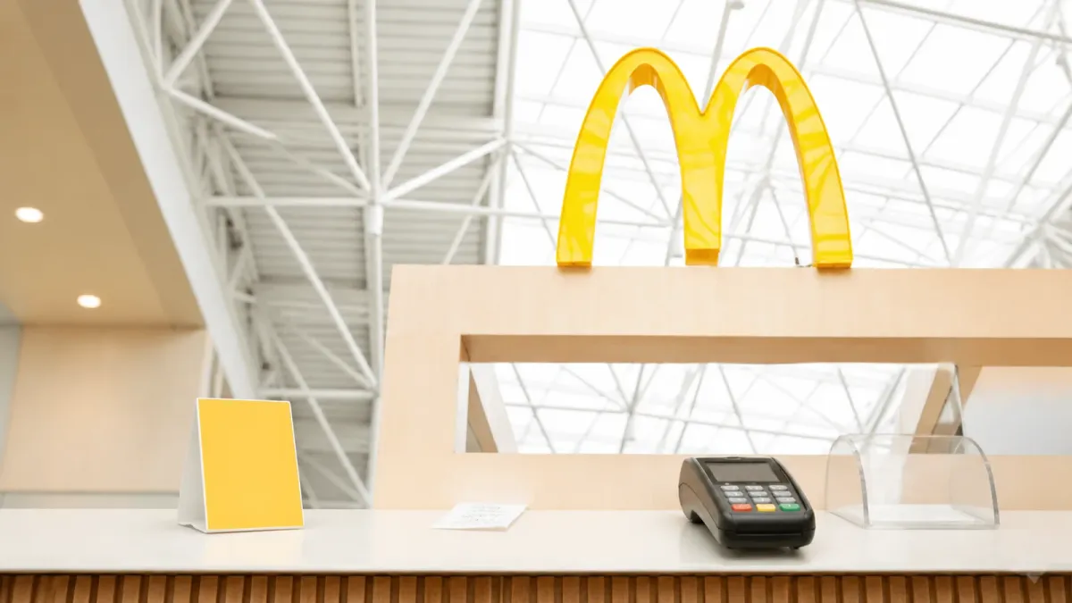 A McDonald's golden arches sign above a counter with a receipt and payment terminal, suggesting a value decision at the restaurant.