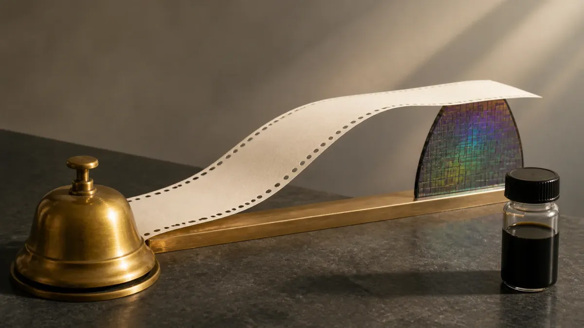 A brass market bell and ticker ribbon rise above a threshold beside a silicon wafer while a dark oil vial sits lower.