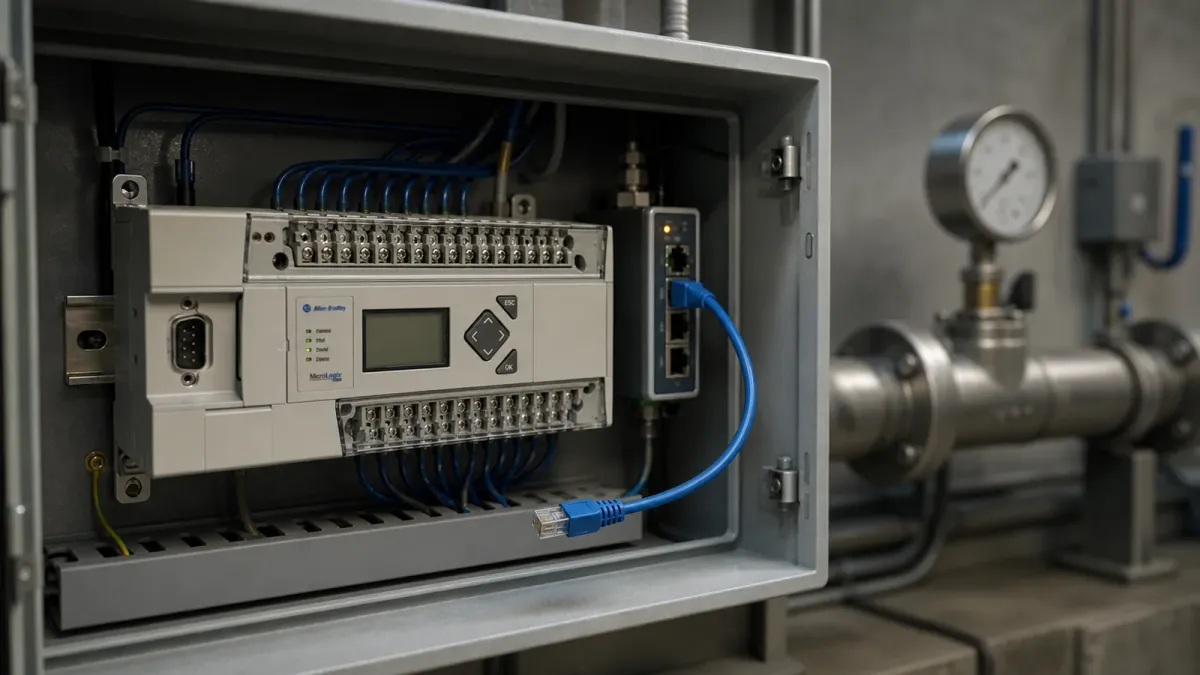 A source-grounded MicroLogix-style controller in a water-utility control cabinet beside an unplugged network cable and pipe gauge.