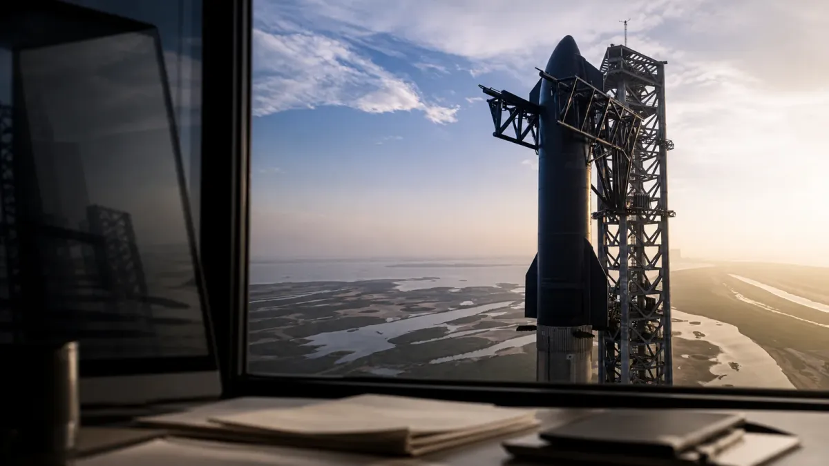 SpaceX Starship and its launch tower shown in a source-grounded editorial image with subtle market-report context.