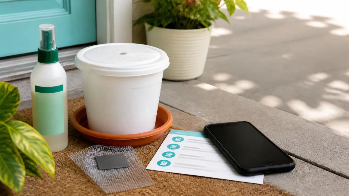 A doorstep still life with mosquito repellent, a covered bucket, a screen patch, and a generic 311 card representing dengue prevention steps.