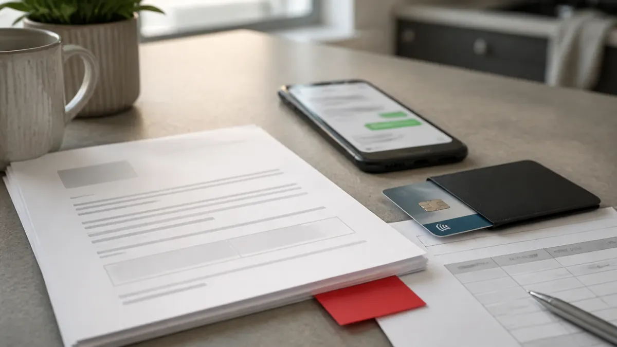 A payment card pulled back from generic recovery paperwork and a blurred phone message on a kitchen table